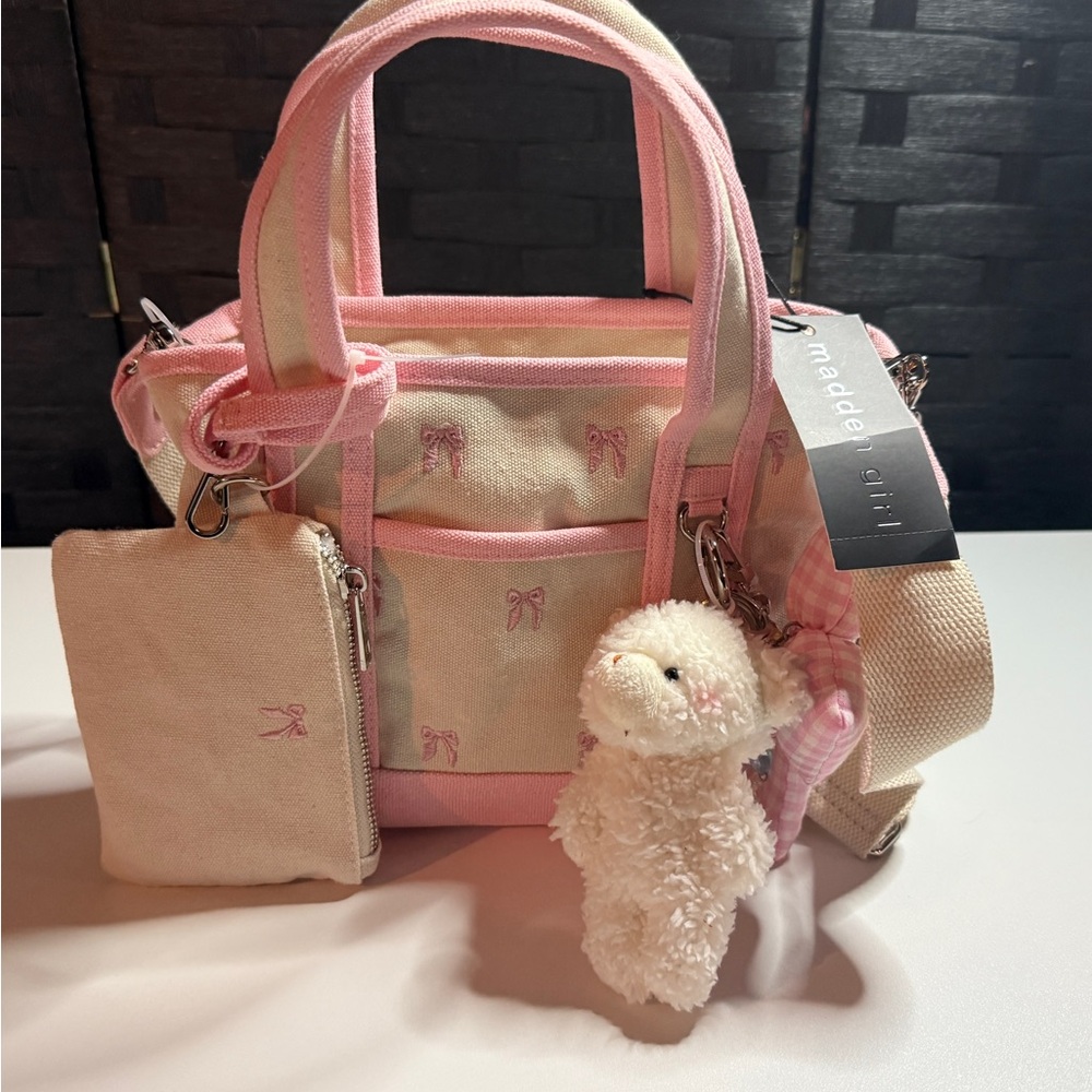 Madden Girl Pink Bow Mini Tote with Plush Charm
